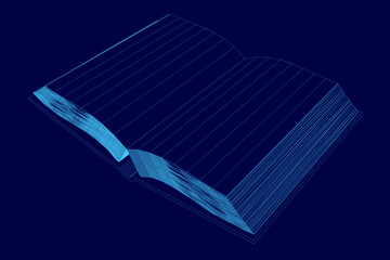 Poster - A blue book with a cover and pages. The book is open to a page with a blue background