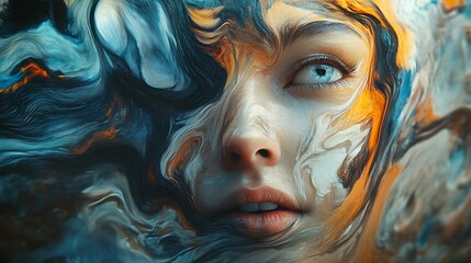 Poster - Woman's face merged with swirling paint, blue, orange, white hues.