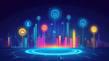 Poster - Futuristic Smart Cityscape with Neon Network Connections and Digital Icons