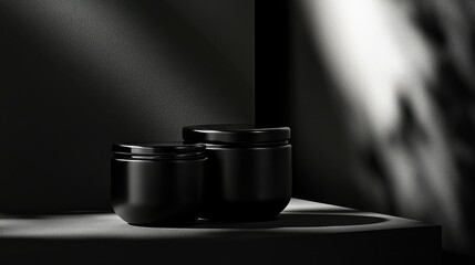 Poster - Elegant Black Containers on Minimalist Background, Ideal for Product Display, Home Decor, or Branding in Modern Aesthetic Environments