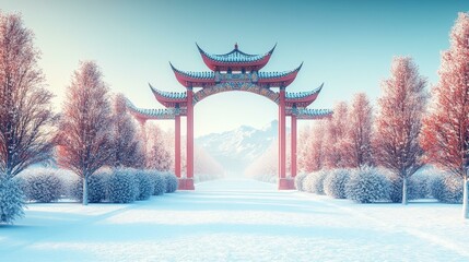 Canvas Print - Winter Wonderland Chinese Archway Scene