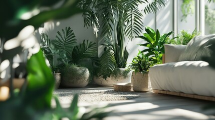 Poster - Serene Indoor Plant Sanctuary with Lush Greenery, Cozy Sofa, and Abundant Natural Light in Modern Living Space Ideal for Relaxation and Inspiration