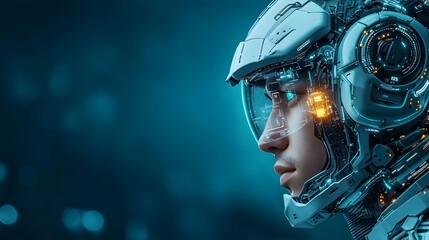 Poster - futuristic cyborg figure in a dark blue sci fi atmosphere with glowing lights and a high tech helmet