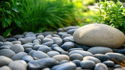 Poster - Tranquil Landscape of Smooth River Stones and a Single Large Boulder Surrounded by Lush Greenery in a Serene Outdoor Setting