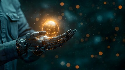 Poster - Futuristic digital hologram projection of a glowing luminous sphere representing the power and innovation of intelligence and machine learning technologies  The image conveys a sense of creativity