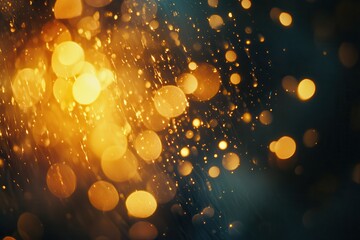 Poster - Golden bokeh lights and water drops on dark background.
