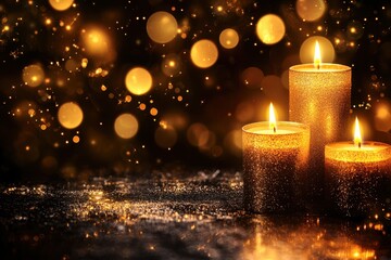 Poster - Golden candles glow on dark glitter surface with bokeh lights.
