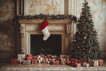 Wall Mural - Christmas scene with presents on the floor, a decorated fireplace with garlands, and a tree with colorful toys and a white stocking. Warm festive atmosphere.