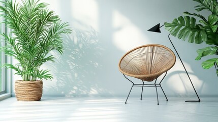 Wall Mural - Modern Interior Design with Rattan Chair and Plants