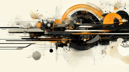 Poster - Abstract digital art composition featuring bold orange, black, and gray circles, lines, and shapes creating a dynamic and modern design suitable for technology and creativity themes.