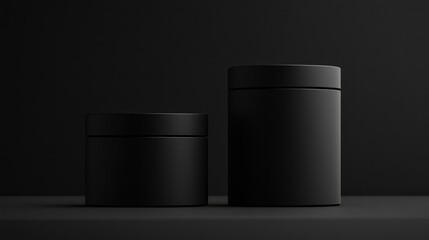 Poster - Matte Black Containers on a Dark Surface, Elegant and Minimalist Packaging for Cosmetics, Wellness Products, or Modern Design Projects