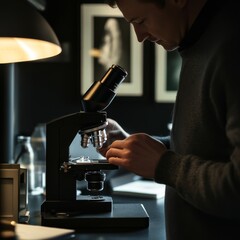 Aufkleber - A person examines a slide under a microscope in a dimly lit laboratory. The scene captures the essence of scientific inquiry. A blend of curiosity and innovation fills the air. AI.