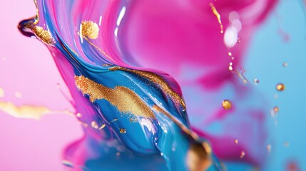 Poster - Abstract Art with Vibrant Colors and Fluid Motion, Featuring Pink, Blue, and Gold Shades Creating a Captivating Visual Experience for Creative Projects