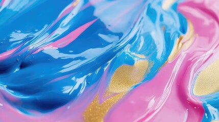 Poster - Vibrant Swirls of Colorful Paint Blending Together in Rich Textures of Blue, Pink, and Gold, Creating a Stunning Abstract Art Background