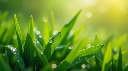 Wall Mural - A close-up of fresh green spring leaves glistening with morning dew, set against a soft blurred background