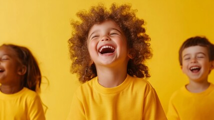 Aufkleber - Vibrant Classroom Aesthetics Diverse Preschoolers Engaging with Teacher in Energetic Yellow Space - Enhancing Early Education Creativity for Modern Learning Environments