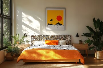 Wall Mural - Modern Bedroom Interior with Vibrant Orange Bedding