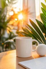 Poster - Warm Minimalist Office Decor Ceramic Coffee Mug and Stress Ball in Sunlit Workspace Boosting Morale and Creativity for Modern Professional Wellness Initiatives