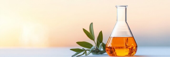Aufkleber - Translucent Elegance Minimalist Glass Flask with Amber Solution and Greenery - Scientific Visuals for Modern Sustainable Lab Research and Eco-Friendly Branding