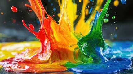 Poster - Vibrant Splash of Multicolored Paints Creating Eye-Catching and Dynamic Patterns on a Dark Surface in an Artist's Studio Environment