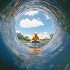 Aufkleber - Eco-Visual Storytelling Volunteer in Yellow Gear Navigates Water Pipeline Over Lush River - Engaging Imagery for Sustainable Innovation and Environmental Advocacy Campaigns