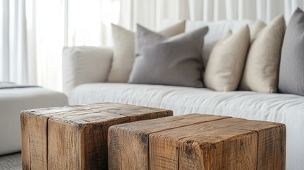 Poster - Rustic Wooden Block Coffee Tables in Modern Living Room