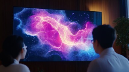 Fototapete - Minimalist Collaborative Workspace Business Team Engaging with AI-Enhanced Smart Screen for Data Visualization and Analytics - Modern Office Tech Integration for Innovation
