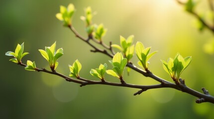 Wall Mural - A vibrant scene of young spring leaves unfurling on a tree branch, illuminated by sunlight