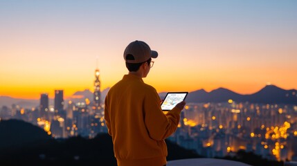 Poster - Futuristic Urban Mobility Young Korean Architect with Digital Tablet on Rooftop, Illuminated Cityscape Background - Innovative Smart City Planning and Transport Solutions