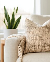 Aufkleber - Scandinavian-Inspired Living Eco-Friendly Beige Sofa with Handmade Wheat Stitch Crochet Pillows for Modern Interior Design and Sustainable Home Decor
