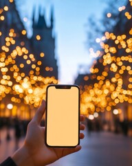 Aufkleber - Ambient Urban Navigation Smartphone with Illuminated Interface and Coffee Cup on Vibrant City Street - Tech-Savvy Travel Inspiration for Modern Explorers