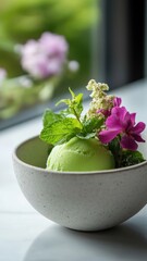 Wall Mural - Elegant herbal sorbet garnished with fresh mint and vibrant edible flowers, beautifully plated for a delightful presentation.