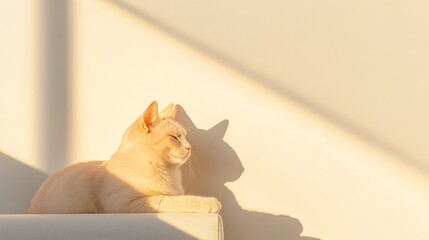 Poster - Lux Minimalist Pet Portrait Chic Feline on White Couch with Natural Light - Premium Home Decor and Digital Content for Modern Pet Owners
