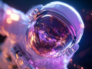Aufkleber - Futuristic Astronaut Art Neon Space Helmet Reflection of Earth - Cutting-edge Sci-Fi Decor and Tech-enhanced Visuals for Creative Media and Innovative Marketing