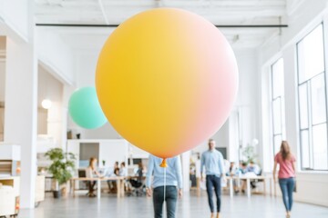 Poster - Contemporary Workplace Culture Bright Open Office with Colorful Balloon Art Installations Enhancing Team Engagement for Creative Industries and Stress Relief