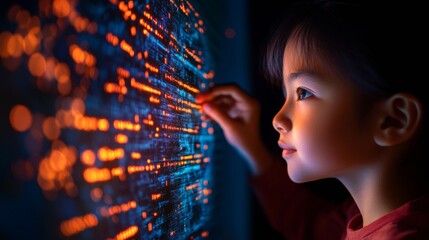 Aufkleber - Futuristic AI Learning Interface Diverse Students Engaging with Interactive Math Problem on Illuminated Touchscreen - Advancing EdTech and STEM in High-Tech Classrooms