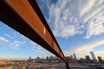 Aufkleber - Urban Architectural Growth Rusted Steel Crane Over Cityscape - Modern Real Estate Development and Structural Engineering Innovation in Commercial Construction