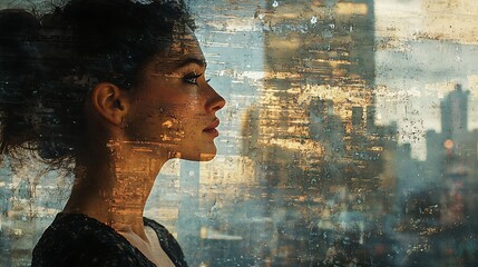 Wall Mural - Woman's profile superimposed on city skyline, viewed through a textured window.