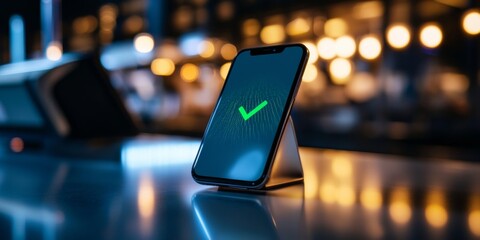 Aufkleber - Minimalist Cashless Transaction Smartphone Payment Confirmation on Sleek Glass Counter - Revolutionizing Urban Retail Tech and Digital Consumer Experience in Trendy Cafes