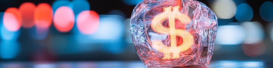 Fototapete - Neon Finance Art Illuminated Dollar Symbol in Crystal on Wooden Surface - Engaging Wealth Management and Investment Content for Financial Growth Narratives