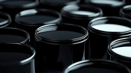Poster - Black paint cans arranged in a close-up view showcasing smooth surfaces and reflective lids, ideal for artistic and industrial backgrounds in creative projects.