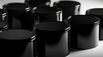 Poster - Close-up View of Glossy Black Containers Arranged on a Softly Lit Surface with Subtle Shadows Creating a Modern and Minimalistic Aesthetic for Creative Projects