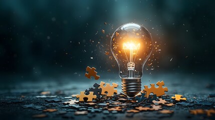 Poster - Glowing light bulb surrounded by golden sparks symbolizing creativity innovation bright ideas and breakthrough solutions for business growth success and development