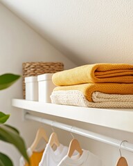 Poster - Minimalist Urban Micro-Apartment Shelving Eco-Friendly Modular Storage with Woven Textures for Space-Saving Home Solutions and Modern Real Estate Imagery