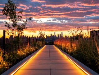 Poster - Sunlit Urban Rooftop Pathway with Illuminated Walkways Contemporary Landscape Design and Eco-Friendly Urban Development for Commercial Real Estate Enhancement