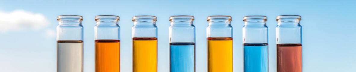 Aufkleber - Chromatic Laboratory Decor Glass Test Tubes in Spectrum Alignment on Wooden Shelf - Scientific Diversity for Educational and Innovative Research Spaces