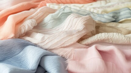 Poster - Soft and Colorful Textures of Lightweight Fabrics in Pastel Shades Showcasing Variety of Patterns and Colors for Fashion and Design Backgrounds