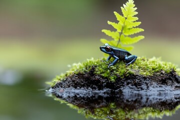 Aufkleber - Vibrant Nature Macro Blue Poison Dart Frog on Moss in Eco-Conservation Display for Sustainable Zoological Education and Endangered Species Awareness