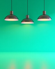 Aufkleber - Sleek Minimalist Lighting Trio of Metal Ceiling Pendants with Neon Background Modern Interior Design for Contemporary Spaces and Ambient Aesthetic Appeal