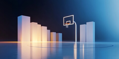 Poster - Futuristic Neon Basketball Court Installation Metallized Hoops and Backboard in Dynamic Sport Spaces for Immersive Experience and Modern Athletic Branding